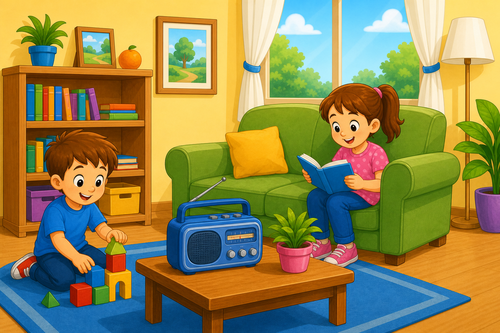 Orange on bookcase and radio on table