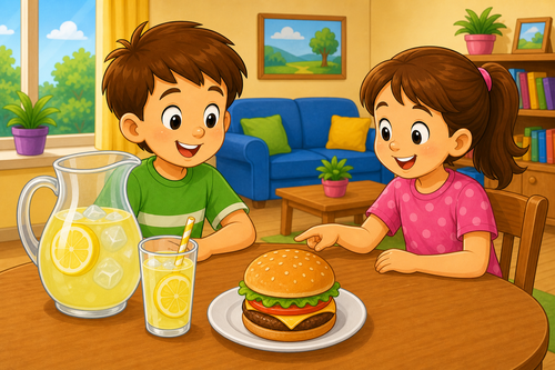Lemonade and burger on table